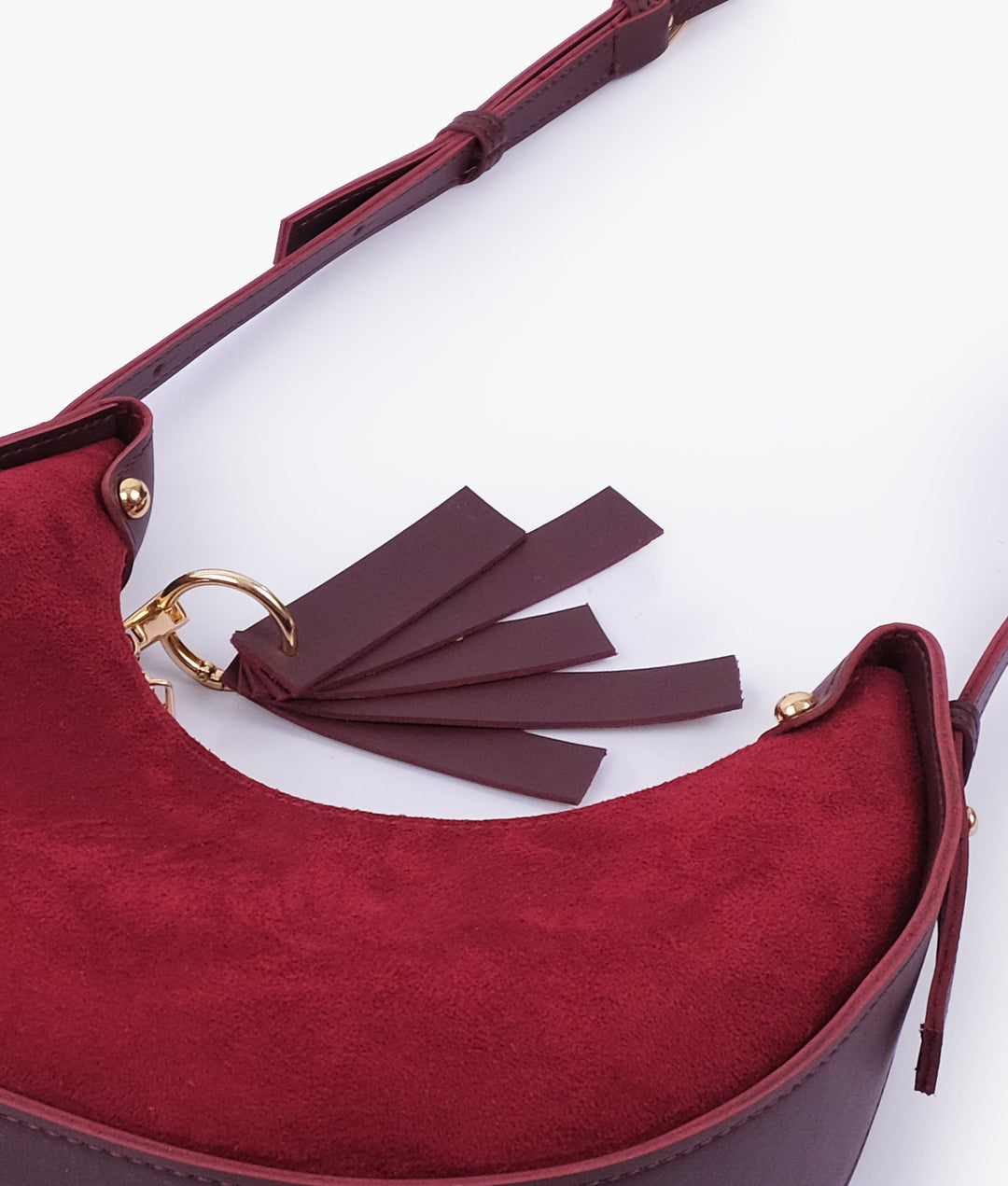 Burgundy suede crescent hobo bag