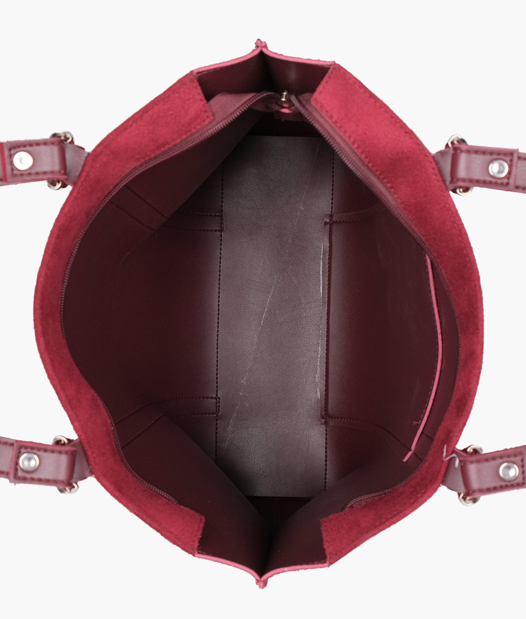 Burgundy suede double-handle tote bag