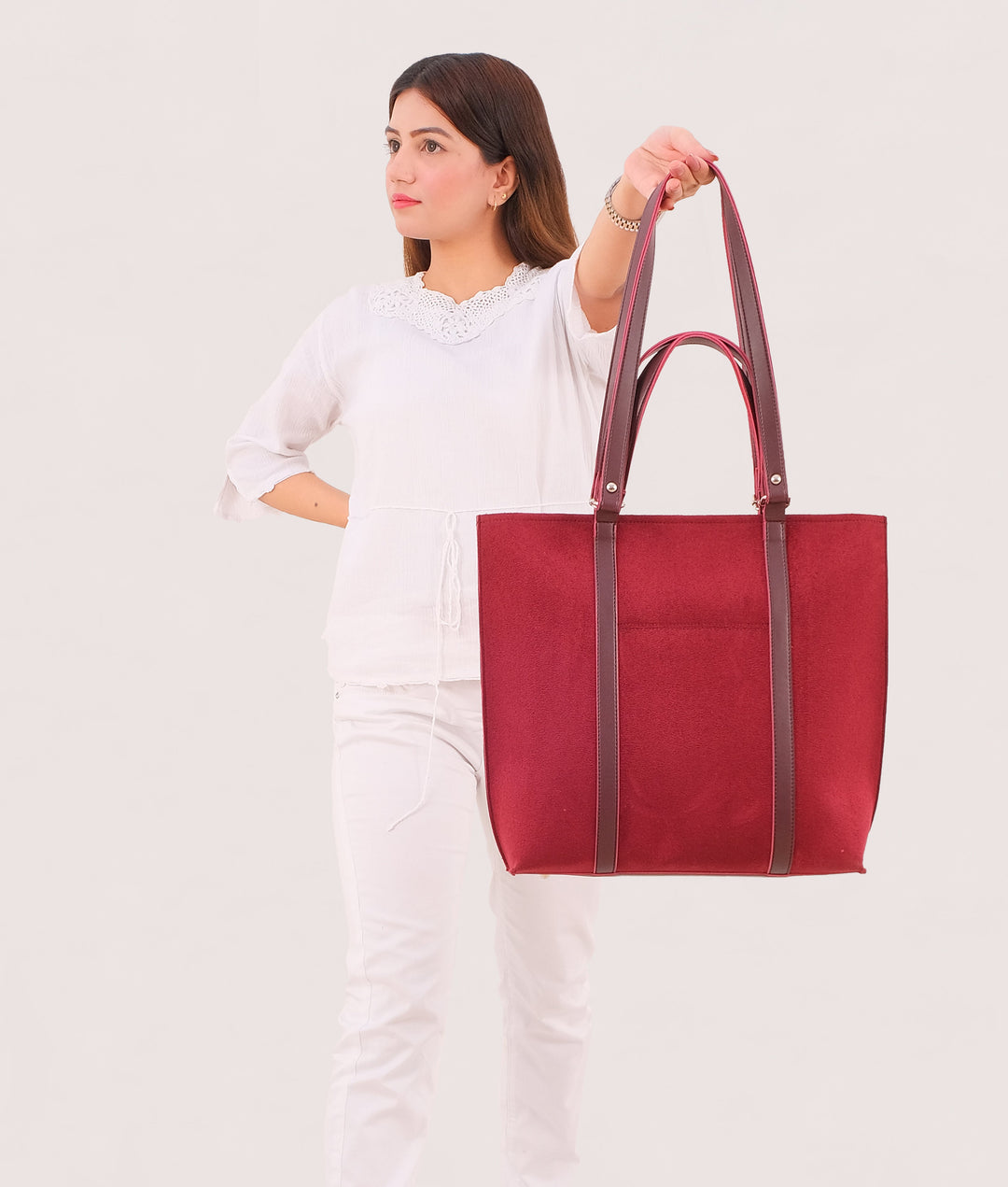 Burgundy suede double-handle tote bag