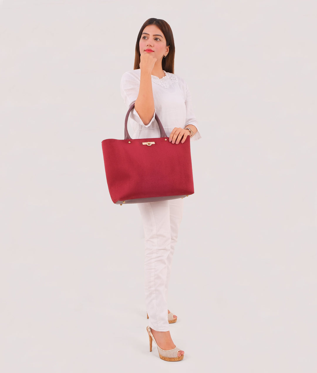 Burgundy suede zipper tote bag