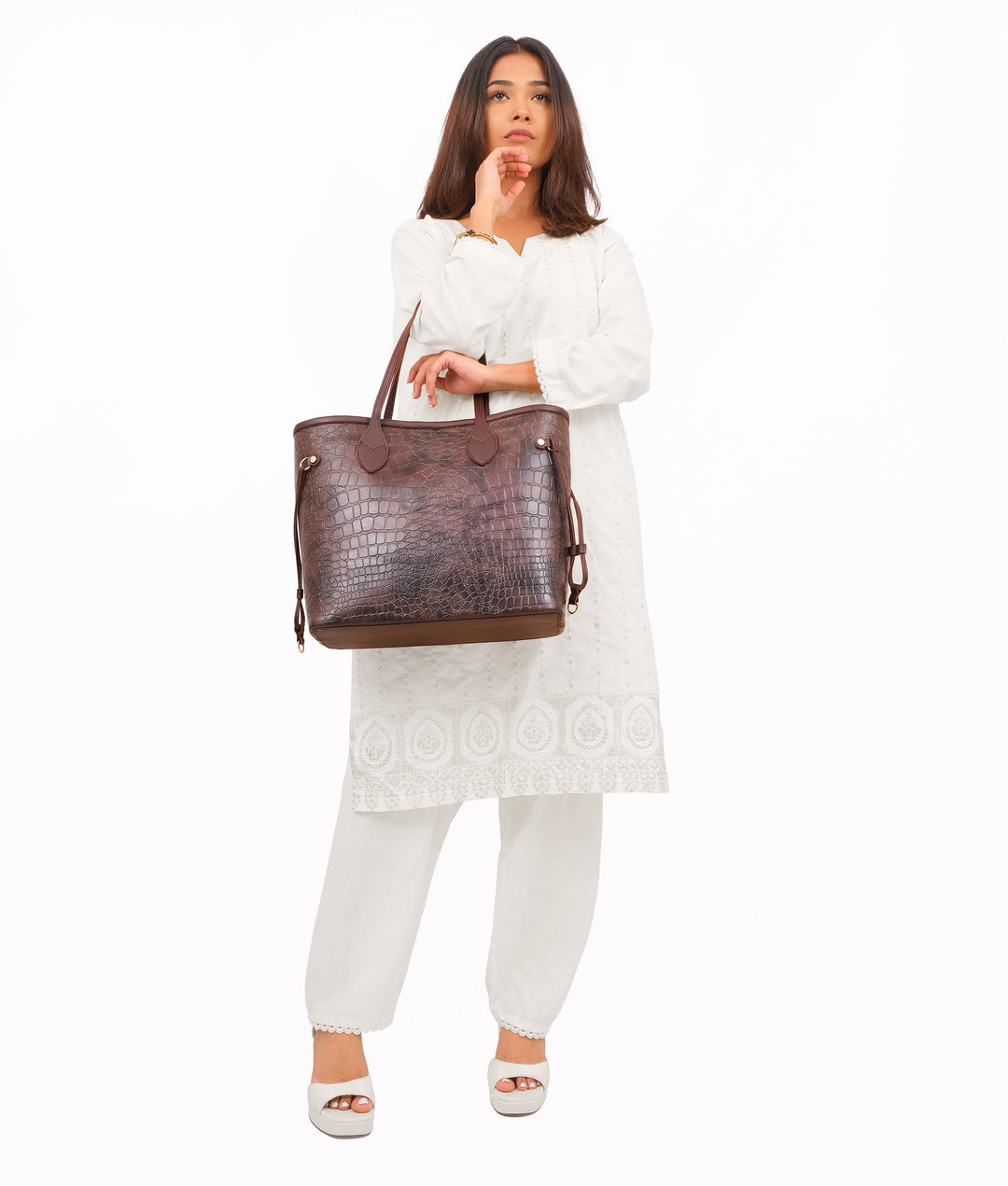 Dark brown crocodile neverfull tote bag