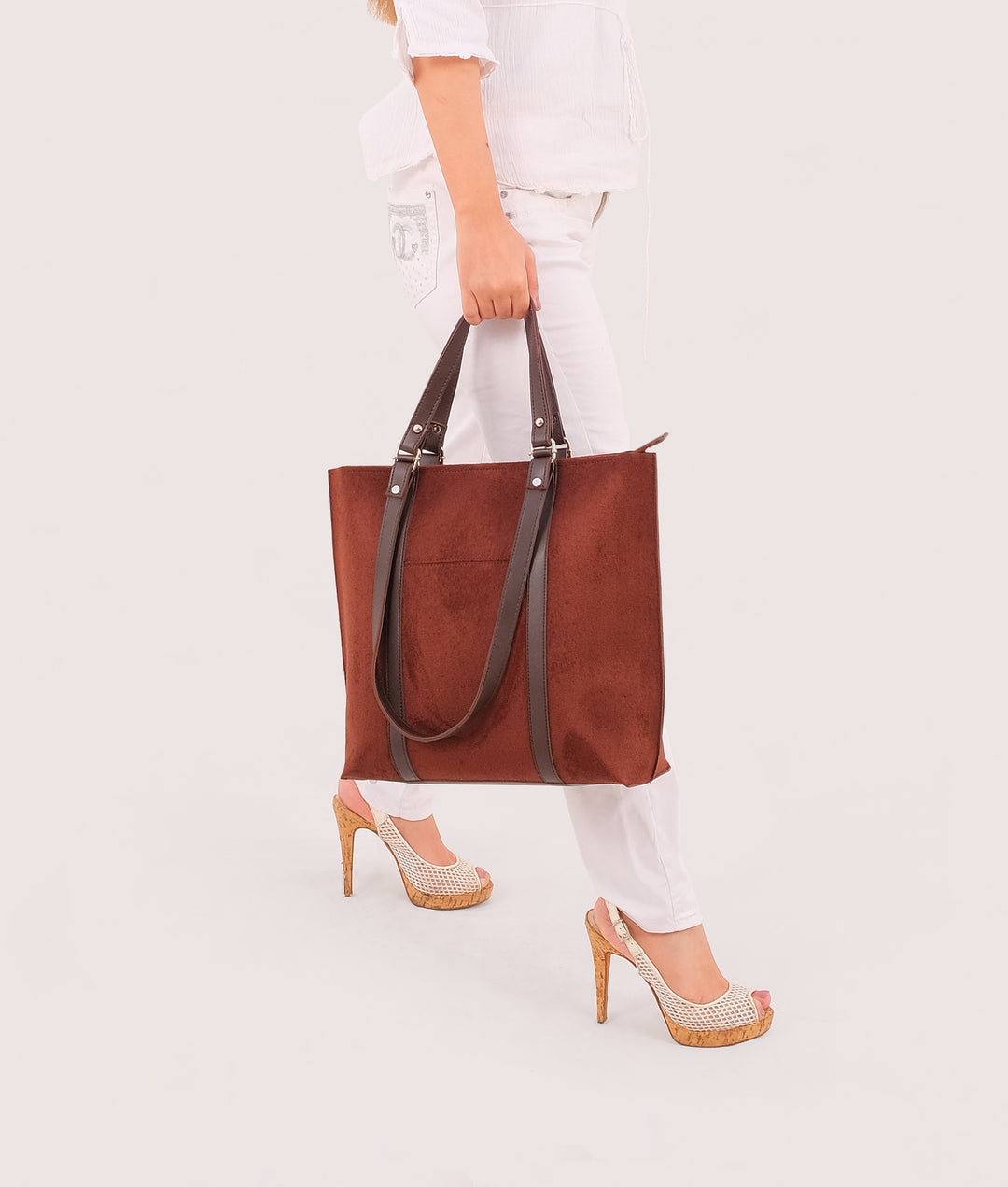 Dark brown suede double-handle tote bag