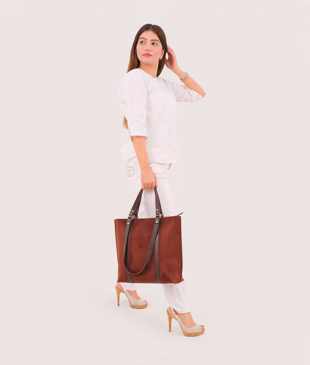 Dark brown suede double-handle tote bag