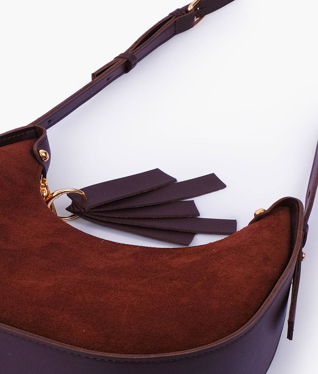 Dark brown suede crescent hobo bag