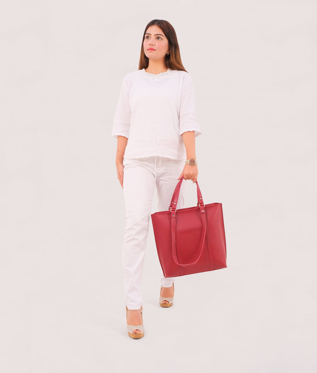 Maroon double-handle tote bag